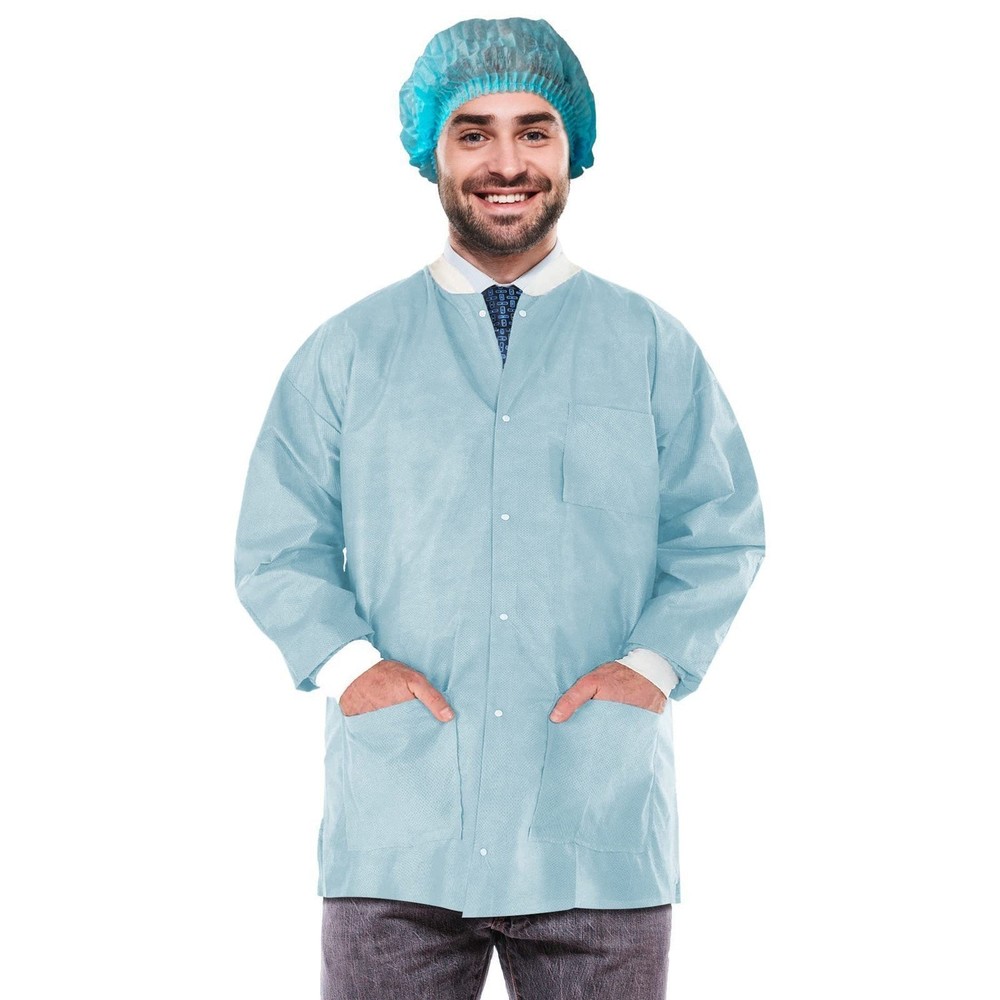 Sky Blue Disposable Lab Jackets SMS Snaps Front 3 Pockets 100 Count Small