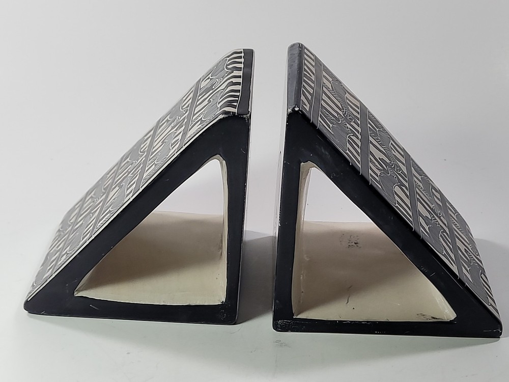 Zebra Pattern Bookends Hand Carved Besmo Stone Triangle Shape Kenya Book Ends