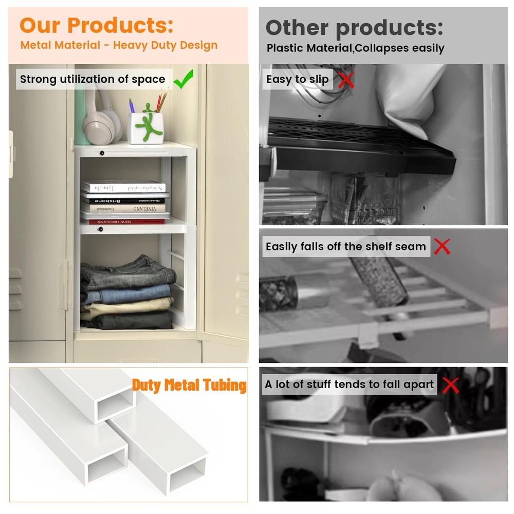 White Metal Locker Organizer Shelf - Adjustable Width/Height, Durable School/Gym