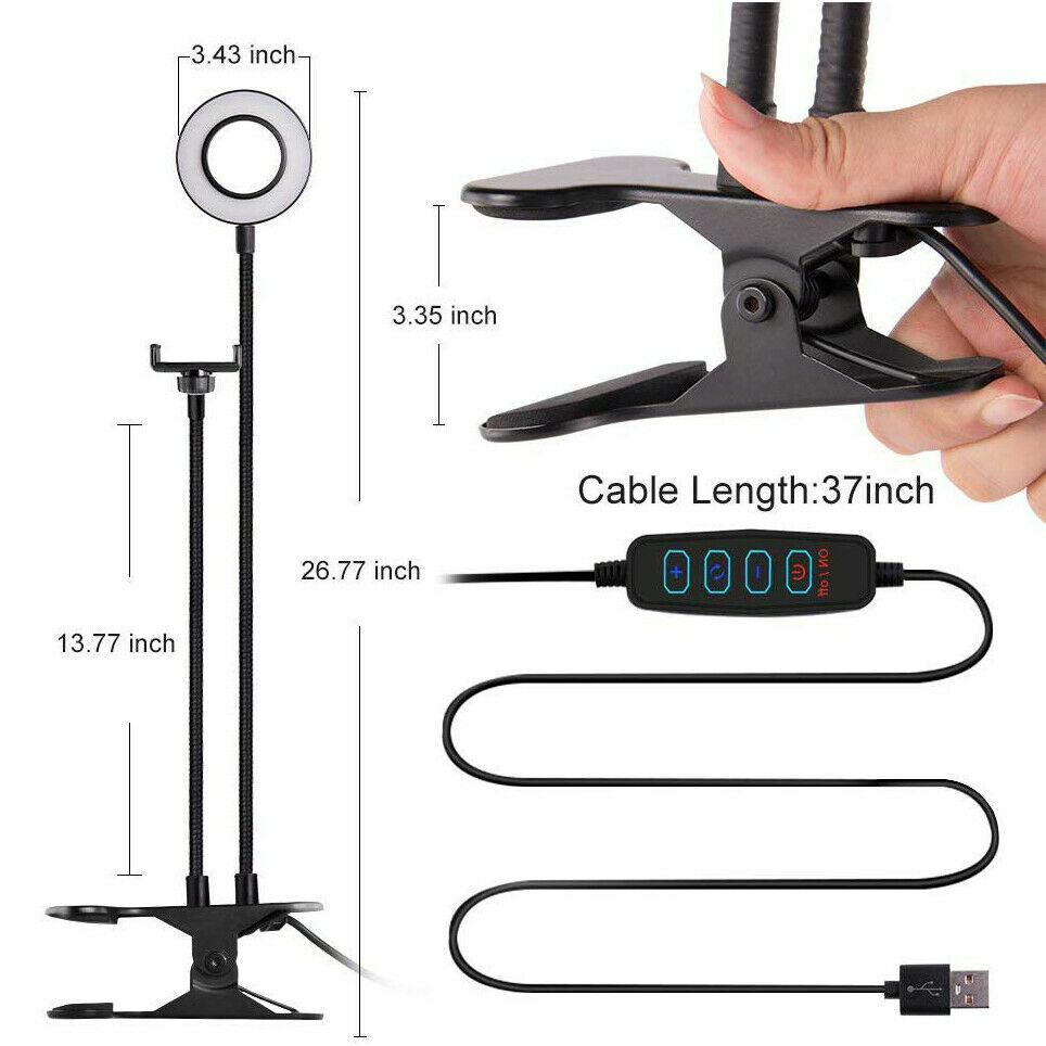 Selfie Ring Light + Mobile Phone Holder 24 LED Camera Long Arm USB Clip On