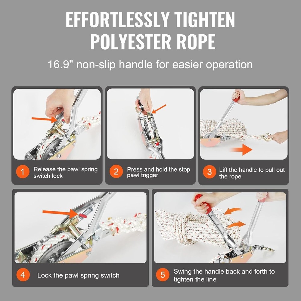 Rope Puller, 1,653 lbs Pulling Capacity, with 100' of 0.6" dia. Rope, 2 Hook,...