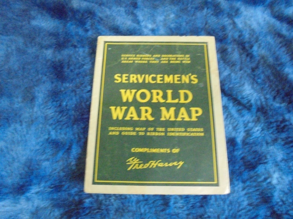 WWII Servicemen's World War Map & Ribbon Identification Compliments Fred Harvey