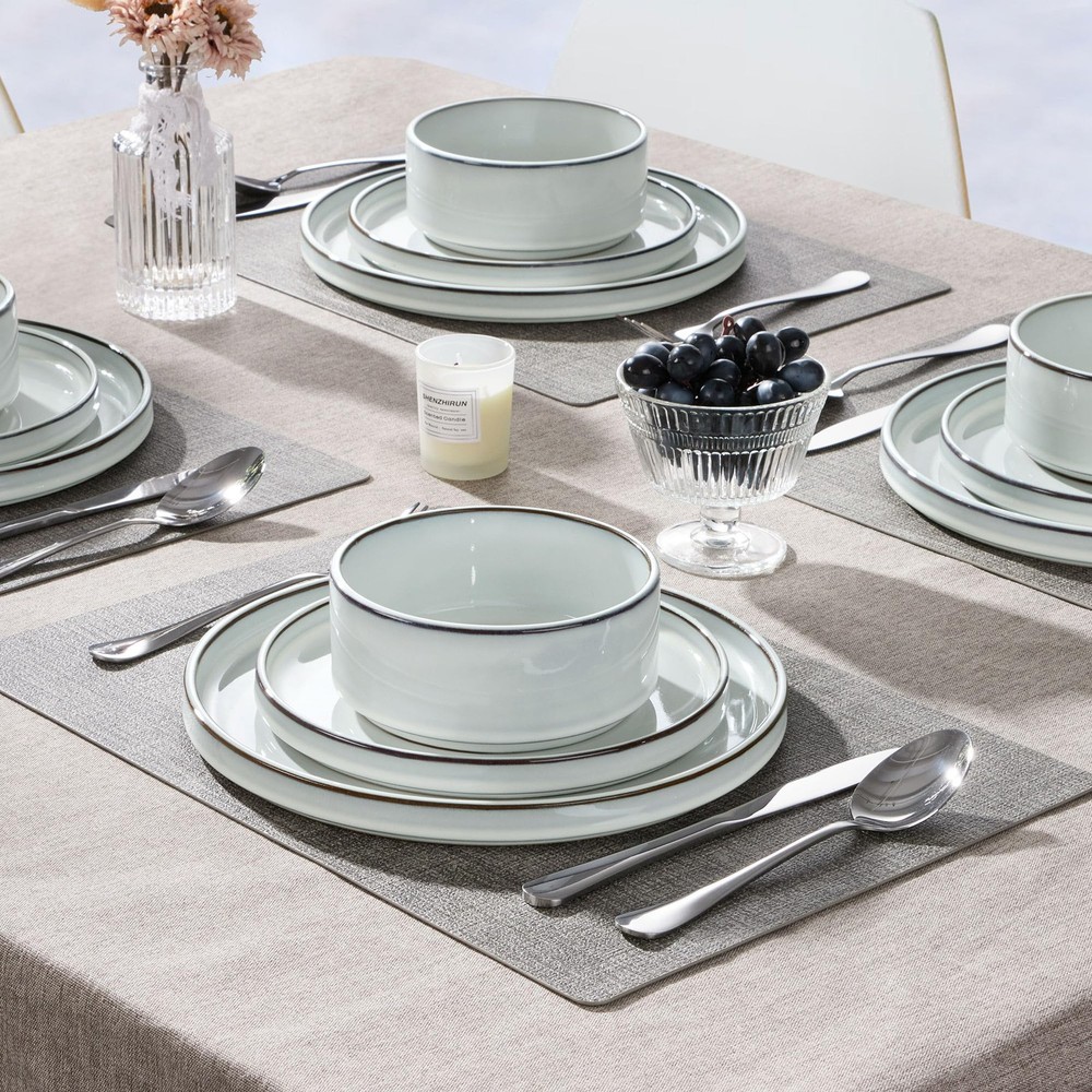 12 Pieces Stoneware Dinnerware Set for 4, Ceramic Dinner Dishware Icy White