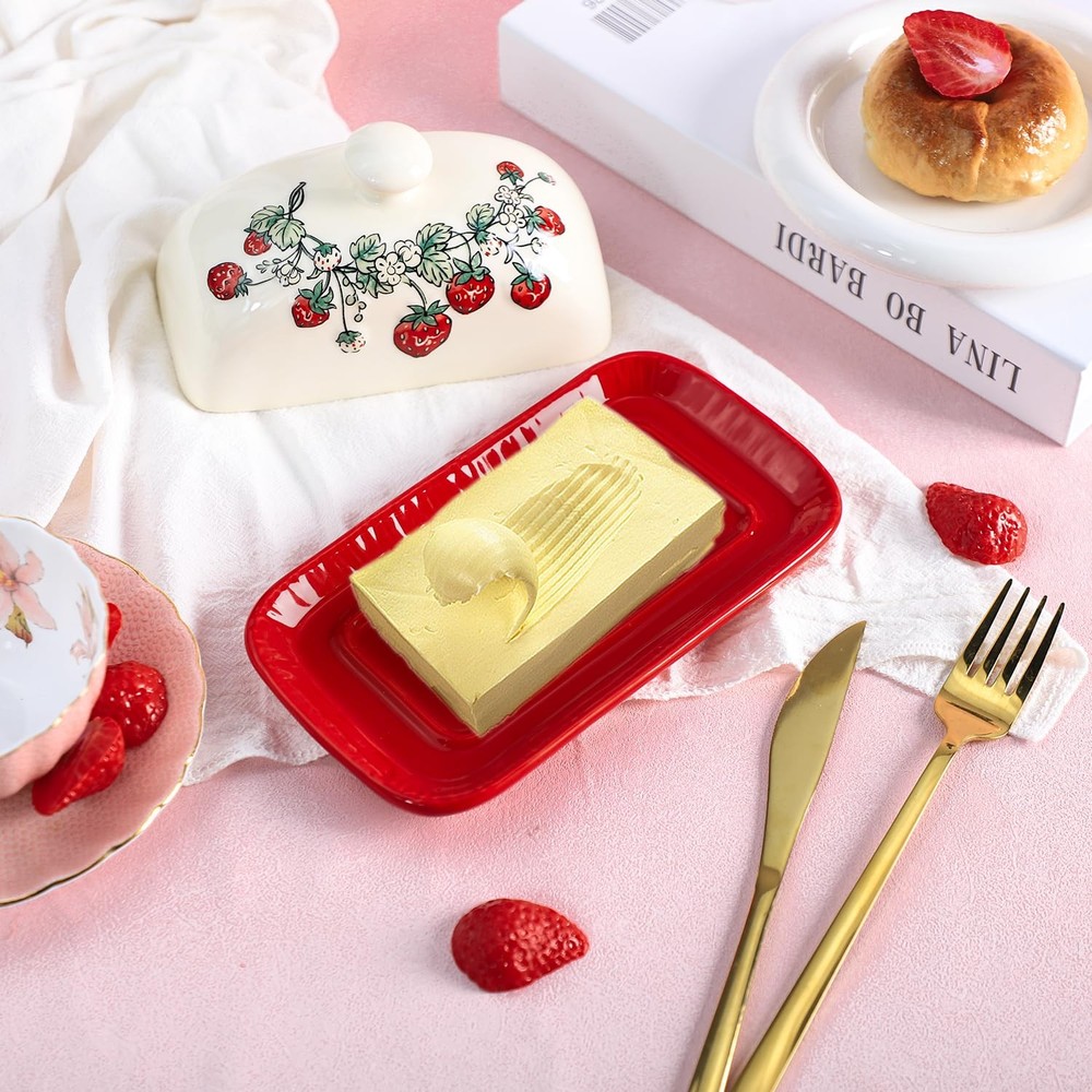 Ceramic Butter Dish with Lid, Butter Keeper, Strawberry Pattern, Kitchen Coun...
