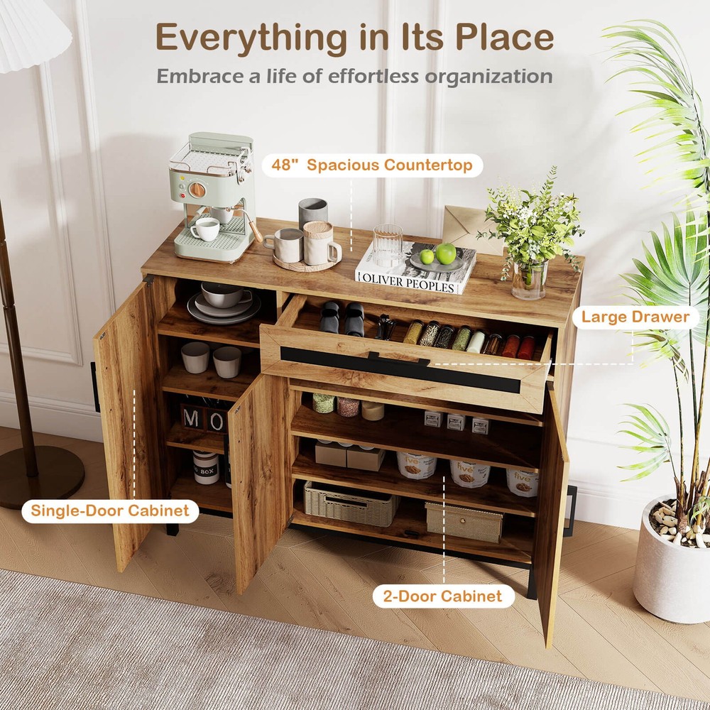 48" Sideboard Buffet Cabinet w/Drawer & Removable Shelves for Kitchen, Entryway