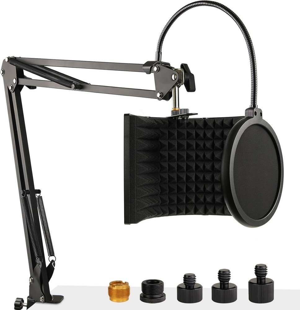 Microphone Stand with Isolation Shield and Pop Filter for Recording