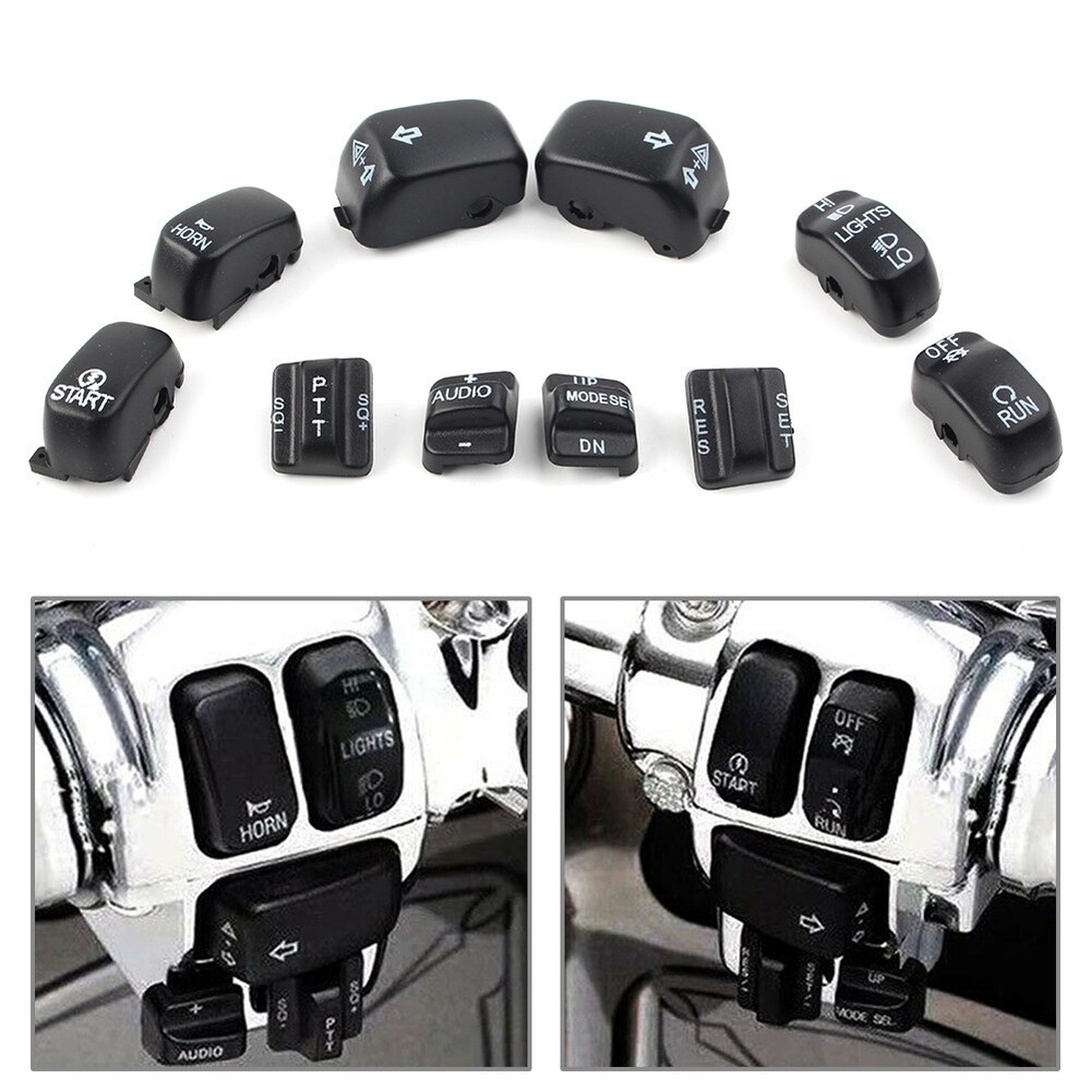10pcs Hand Control Switch Cover Button Cap Set For Harley Touring 96-13 US Black