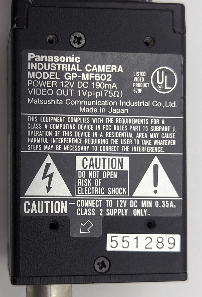 Panasonic GP-MF 602 Industrial Camera with Computar 12mm 1:1.2 Lenses - Working