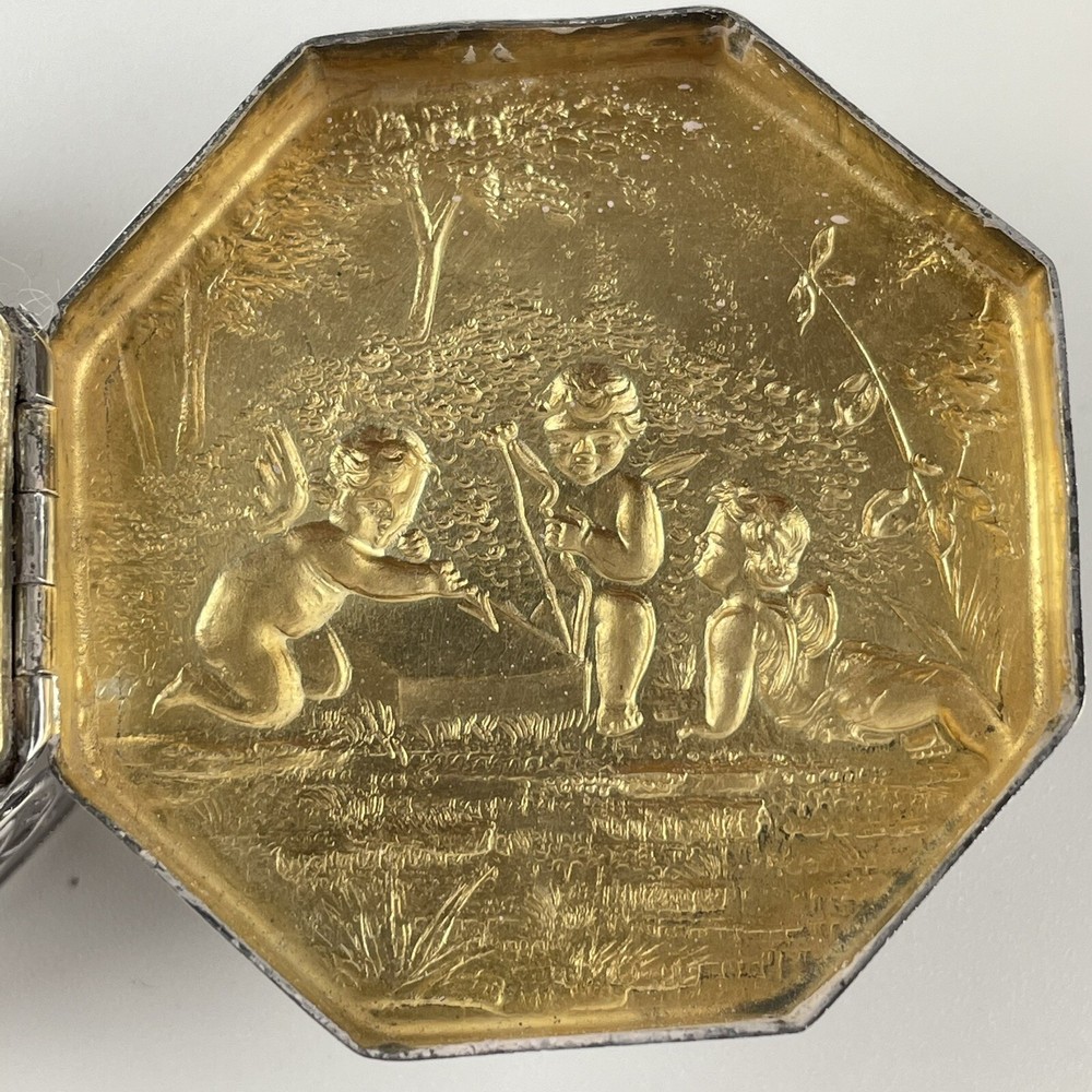 Antique Solid Silver & Gilt Trinket Box Cupid & Cherub Embossed 1899 John Smith