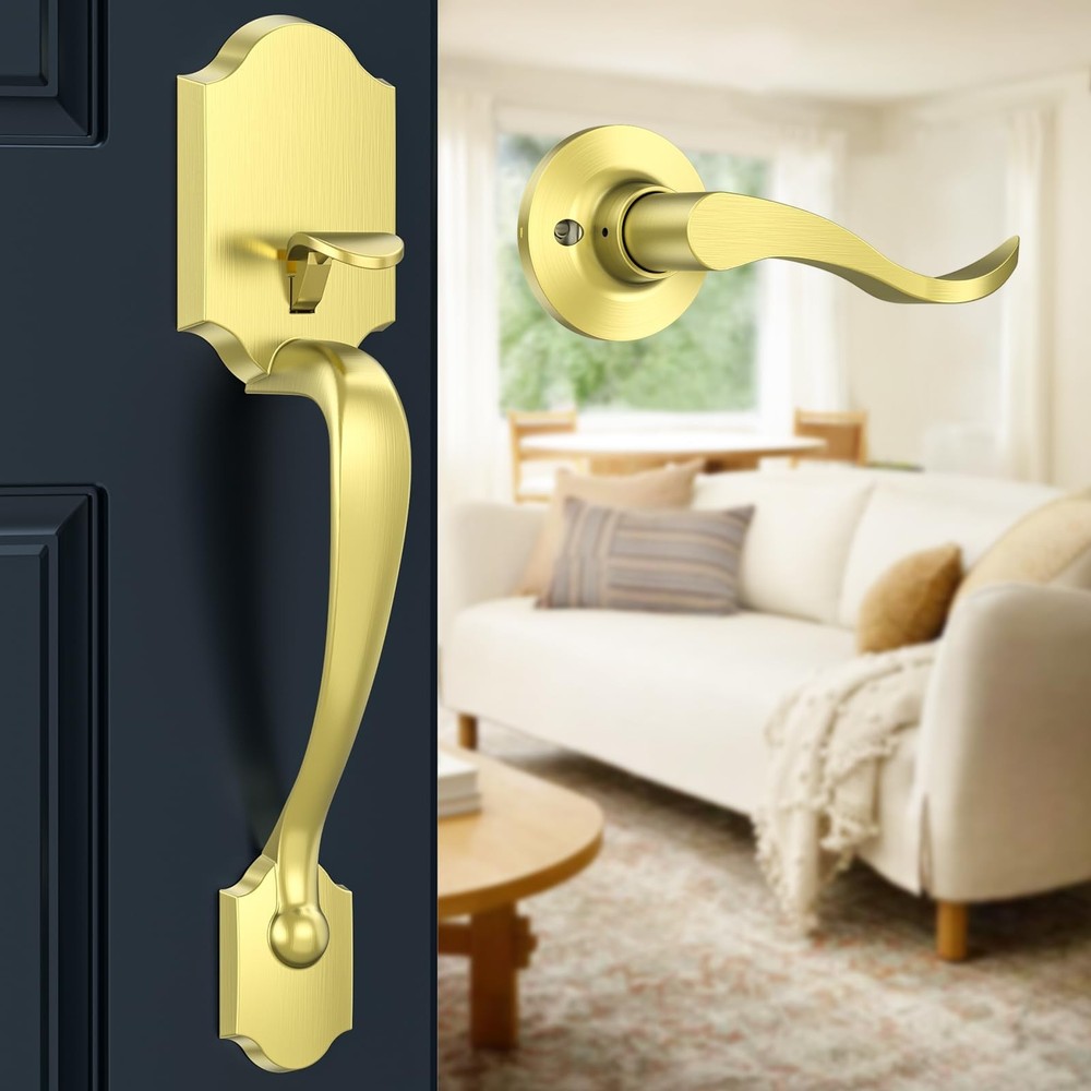 Brightify Gold Front Door Handle No Lock, Classic Exterior Door Handle, Entry...