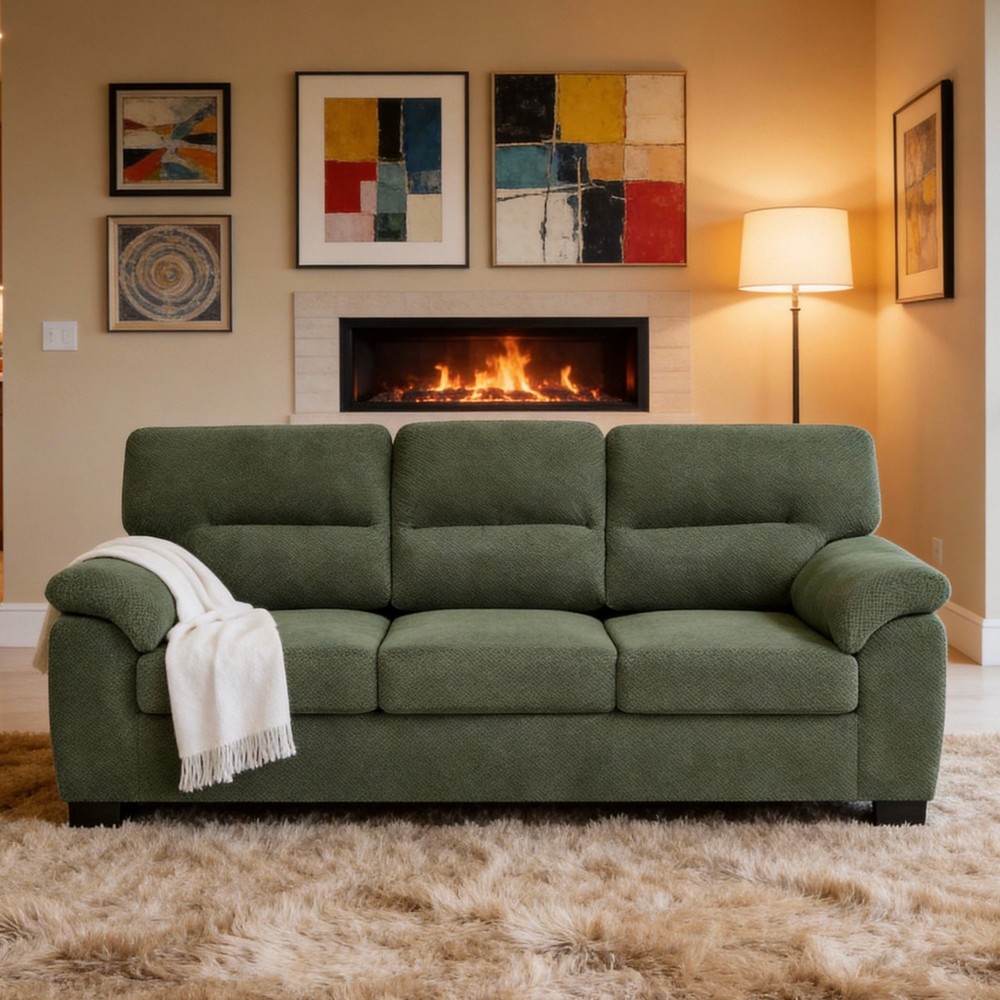 3 Seater Sofa w/ Solid Wood Frame Modern Fabric Upholstered Couch for Apartment