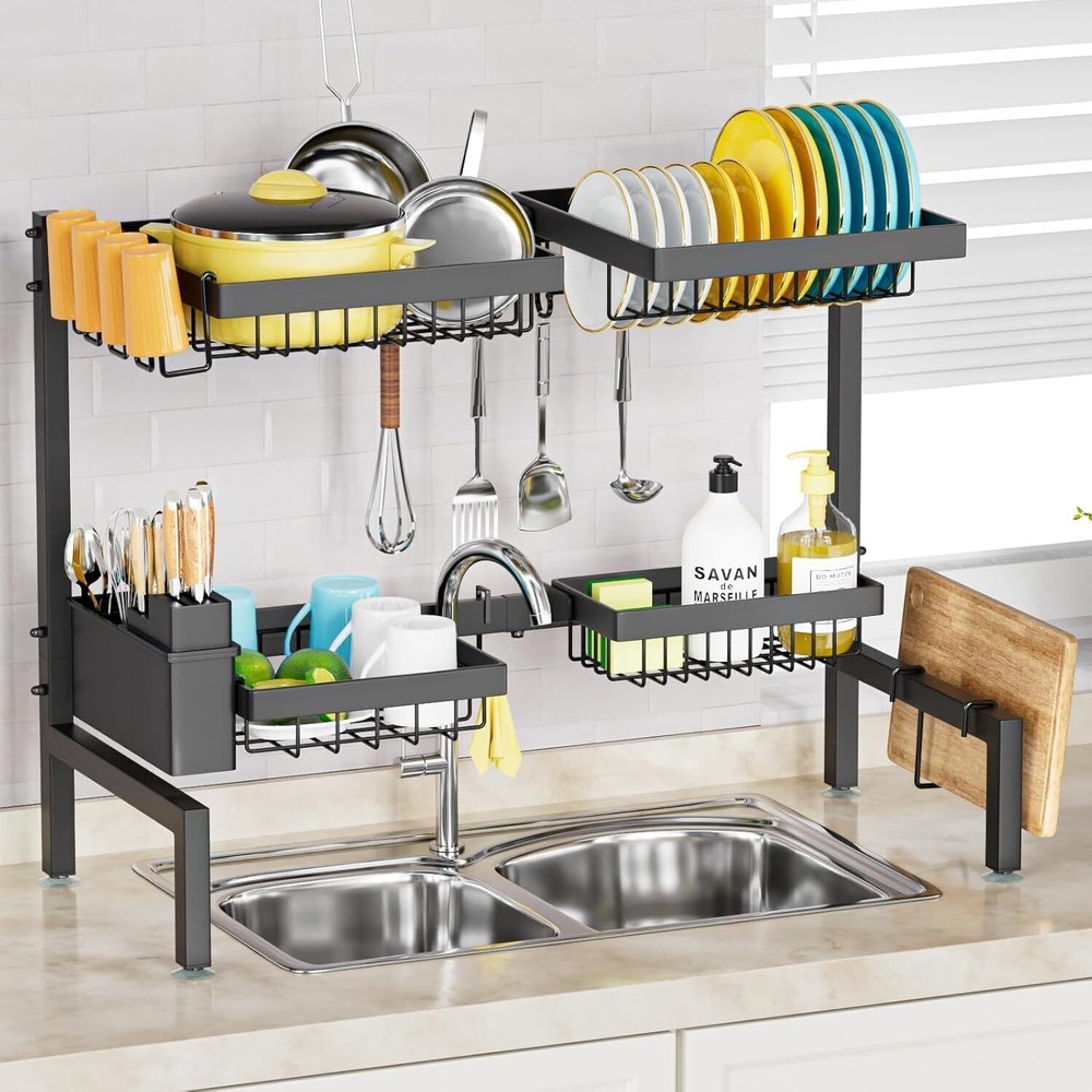 2-Tier 4 Baskets Over The Sink Dish Drying Rack Kitchen Extensible Adjustable US