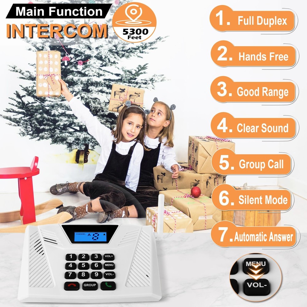 Intercoms Wireless for Home, Full Duplex Hands-Free Intercom, 5300ft White