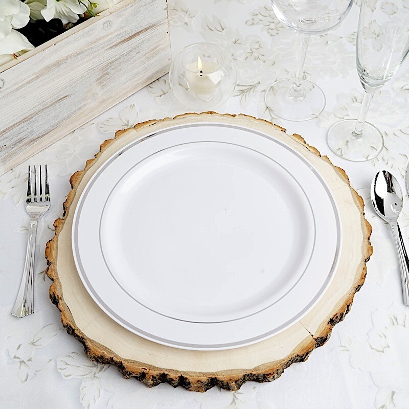 Plastic WHITE Silver Rim 10" PLATES Disposable Party Wedding Buffet Tableware