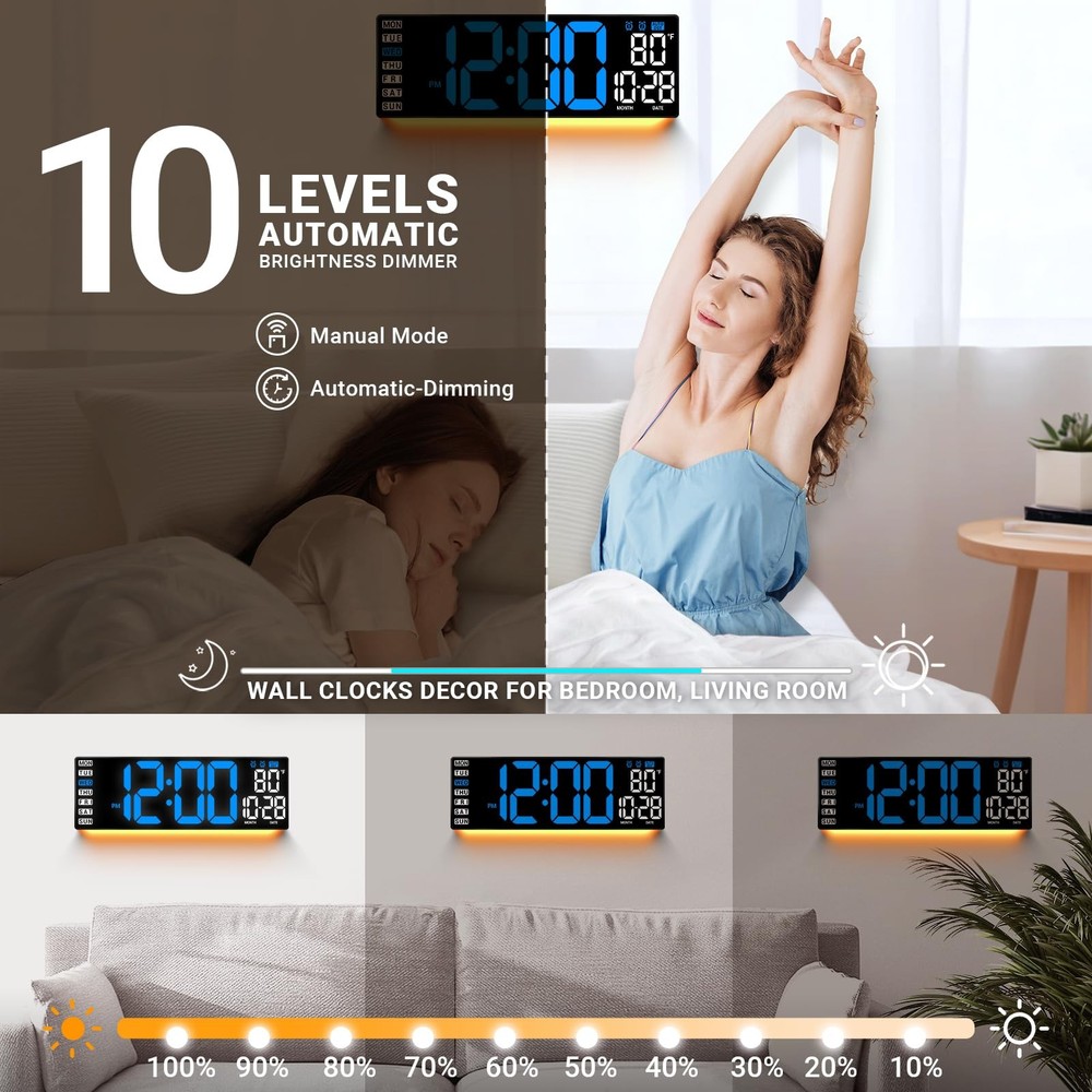 16.5" Large Digital Wall Clock with Remote Control, Auto-Dimming Display with...