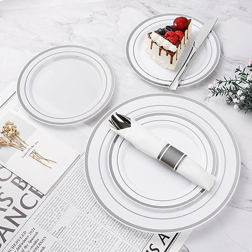 350PCS Plastic Dinnerware Set, Disposable Party Plates for 50 Guests Silver