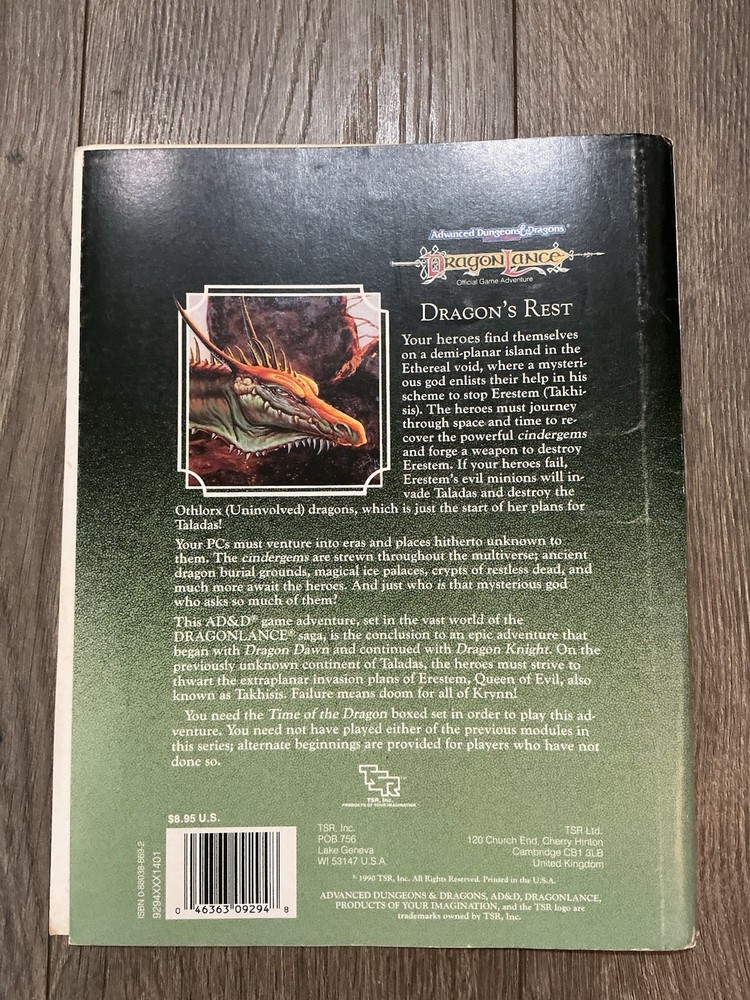 Advanced Dungeons & Dragons Dragon Lance: Dragon's Rest 1990 TSR 9294