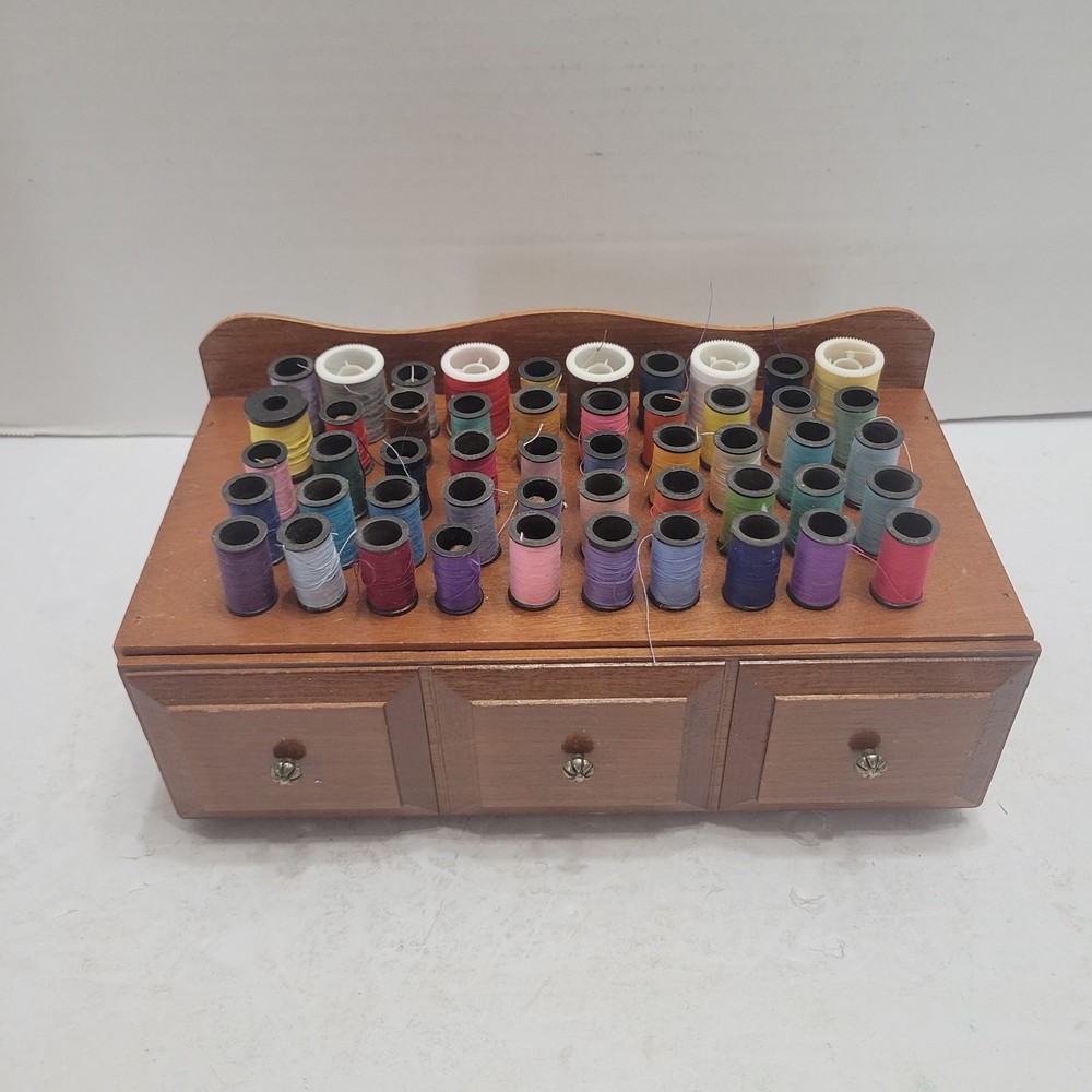 Vintage Sewing Bobbin Thread Box Footed with Drawer Craft Storage & 70 Spools