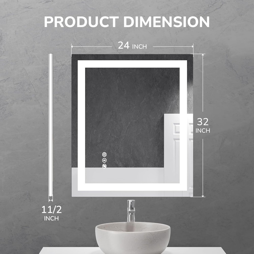 24''x32'' LED Bathroom Mirror Wall Vanity Mirror Dimmable Horizontal & vertical