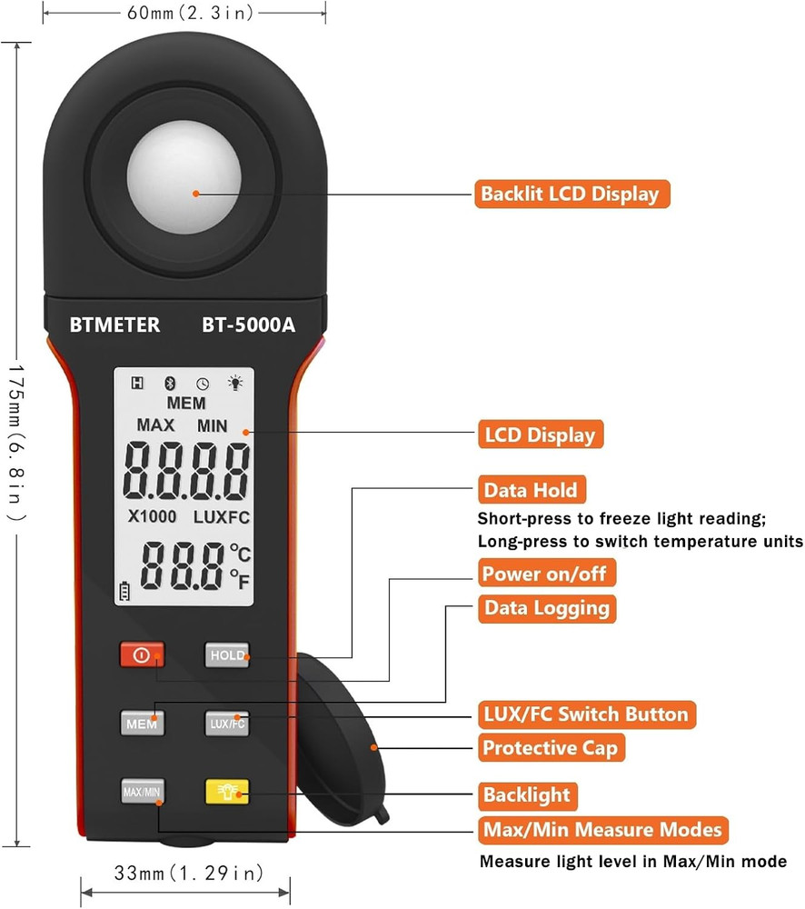 BTMETER Light Lux Meter Logger BT-5000A, Digital Lumen Tester Measure Lighting