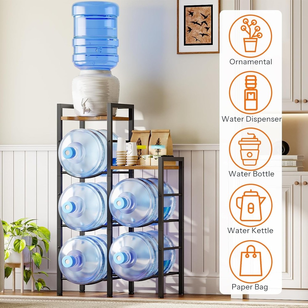 HOOBRO 5 Gallon Water Jug Holder 3 Tier Water Jug Rack with Wooden Top Shelves