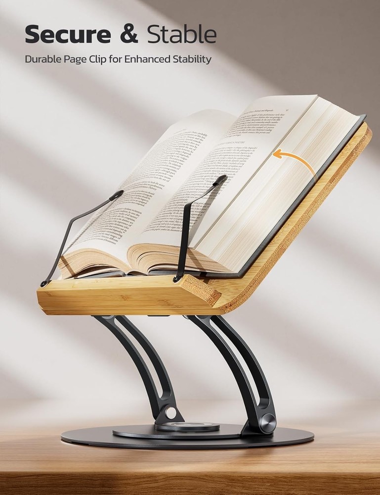 Bamboo 360 Rotating Book Stand Reading Adjustable Textbook Holder Reading