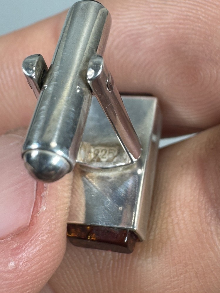 Sterling Silver 925 Cufflinks with Baltic Amber Rectangular Design – New in Box