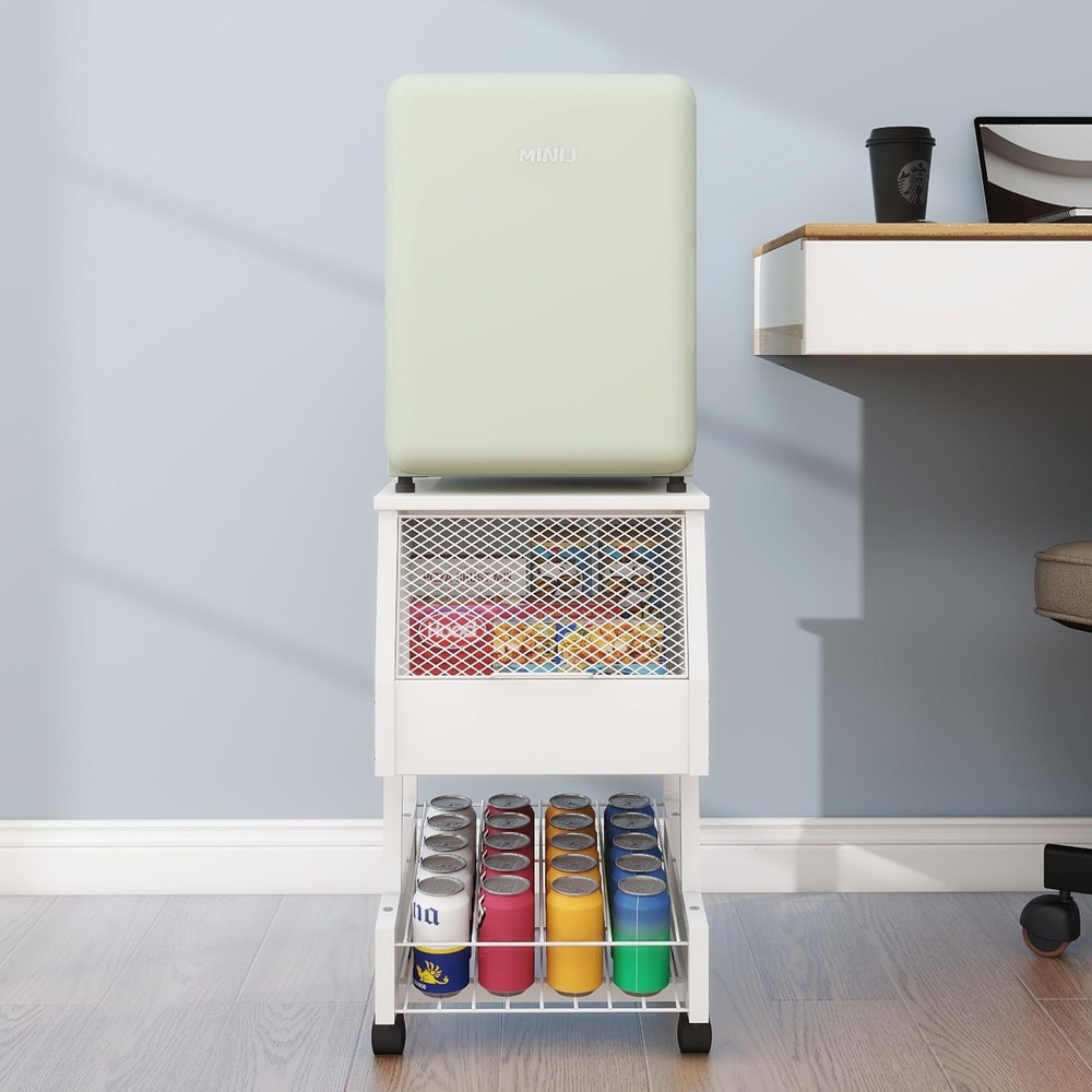 Compact Refrigerator Stand with Beverage Storage and Wheels Rolling Personal ...