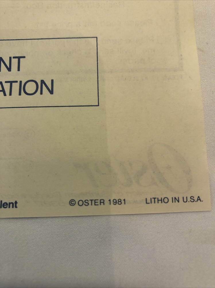 1981 Osterizer Accessory Information and Coupons, Service Info, Replacement Part