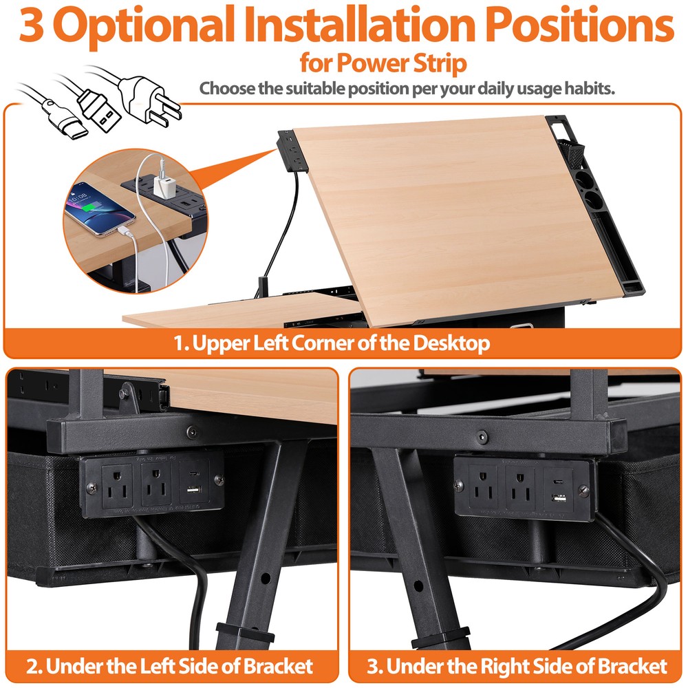 Drafting Table and Stool Set with Outlet Adjustable Artist Drawing Table Natural