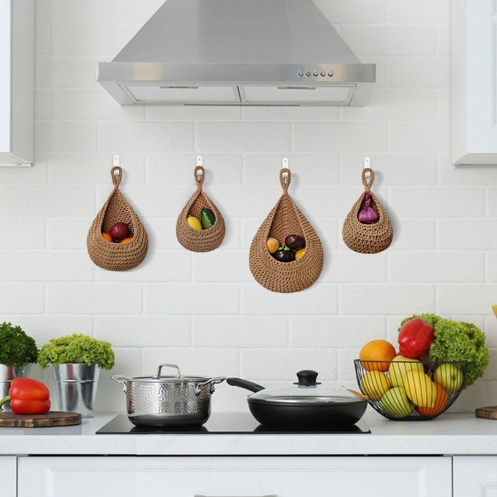 4 Pack Hanging Fruit Baskets for Kitchen-Boho Wall Hanging Basket with 8 Pcs ...