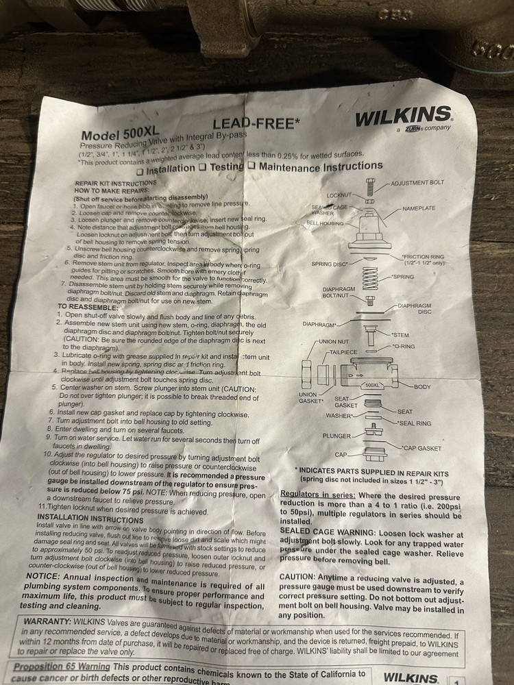 Zurn Wilkins 500XL 2in. 300 psi Cast Bronze FNPT Pressure Reducing Valve