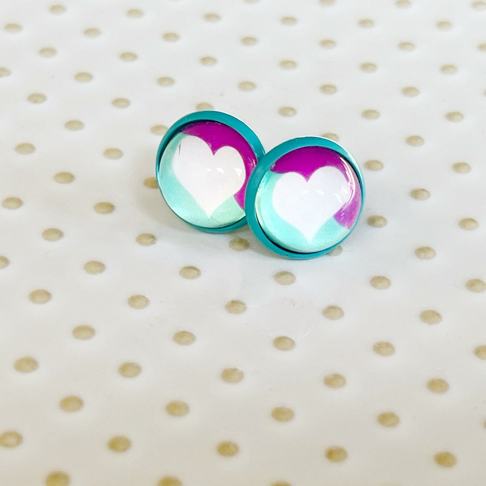 White Heart Blue Stud Earrings