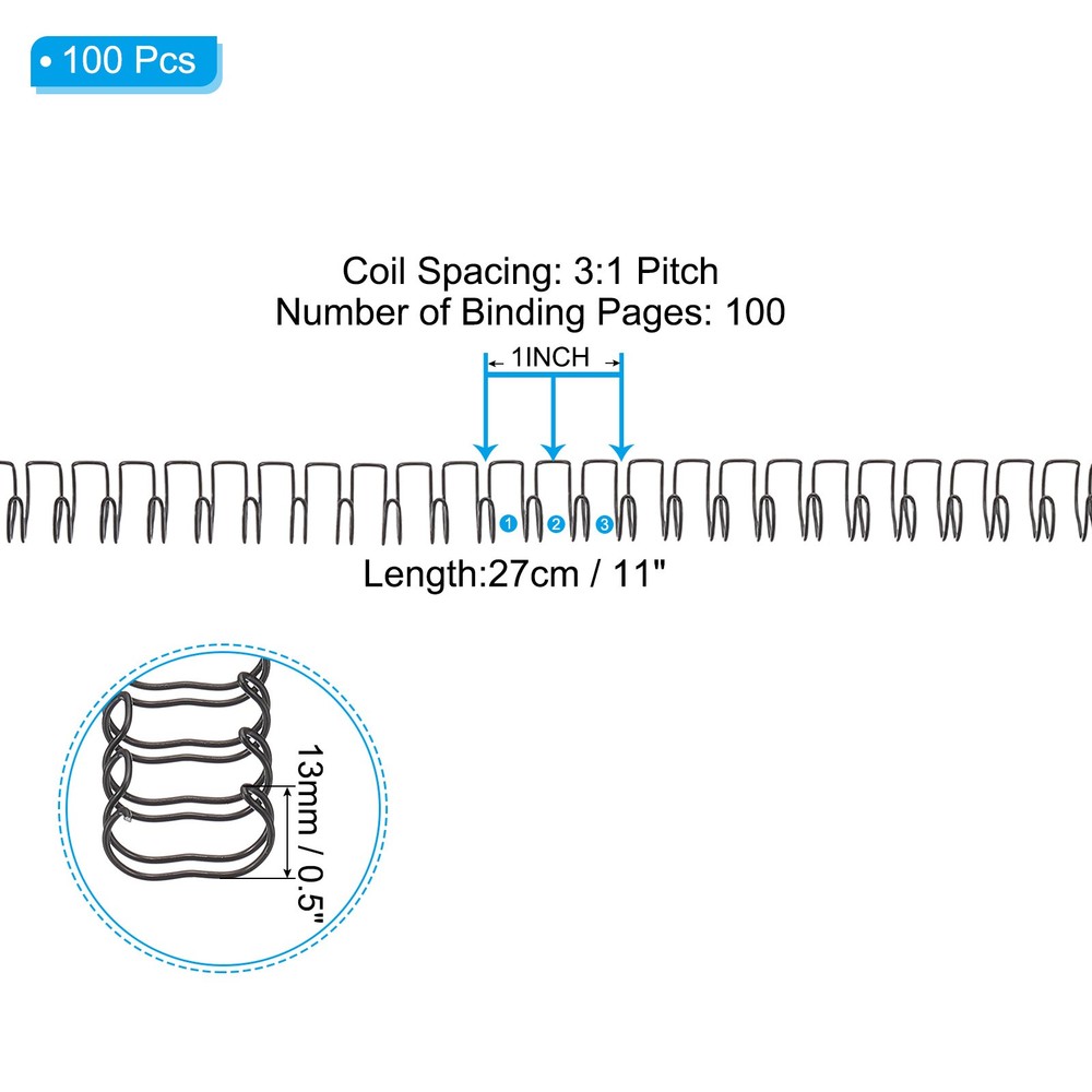13mm (1/2″) Double Loop Wire Binding Combs, 100 Pcs, 3:1 Pitch, Black