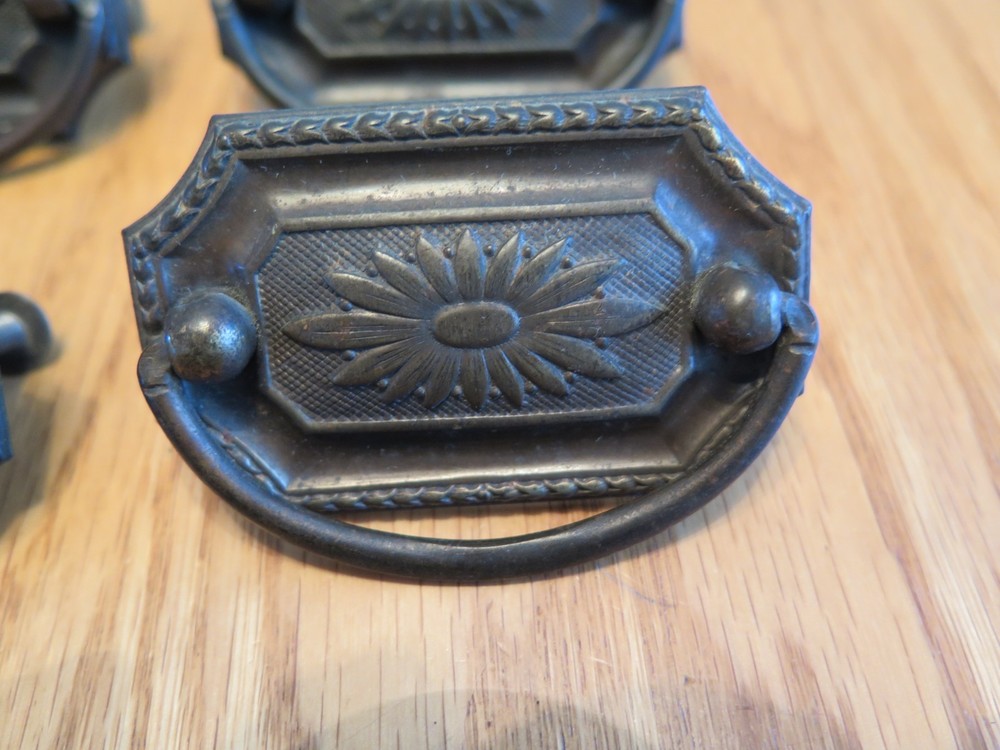 Antique Brass Tone Drawer Pulls Drop Pulls - Set of 9