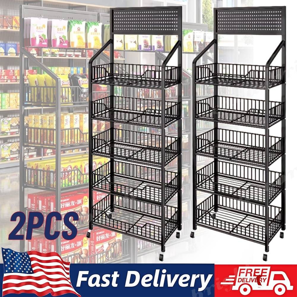 2Pcs 5 Tier Retail Display Rack, Metal Snack Rack with Wheels 24-Inch Wide Chips