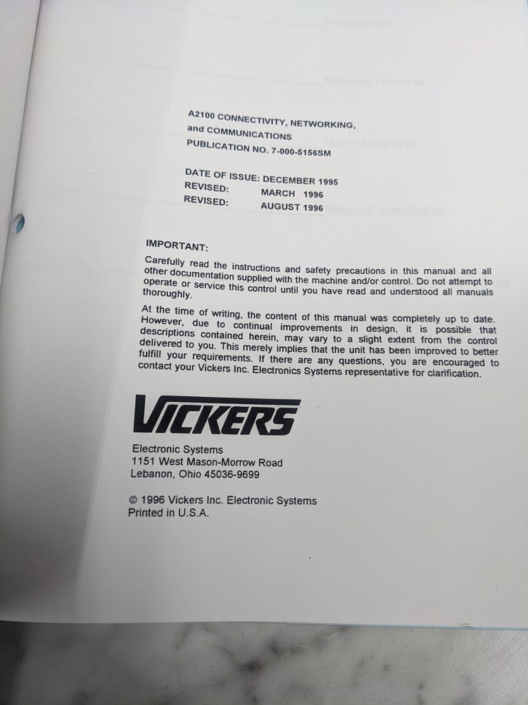 VICKERS SYSTEMS A2100 CONNECTIVITY NETWORKING COMMUNICATIONS OPERATOR MANUAL
