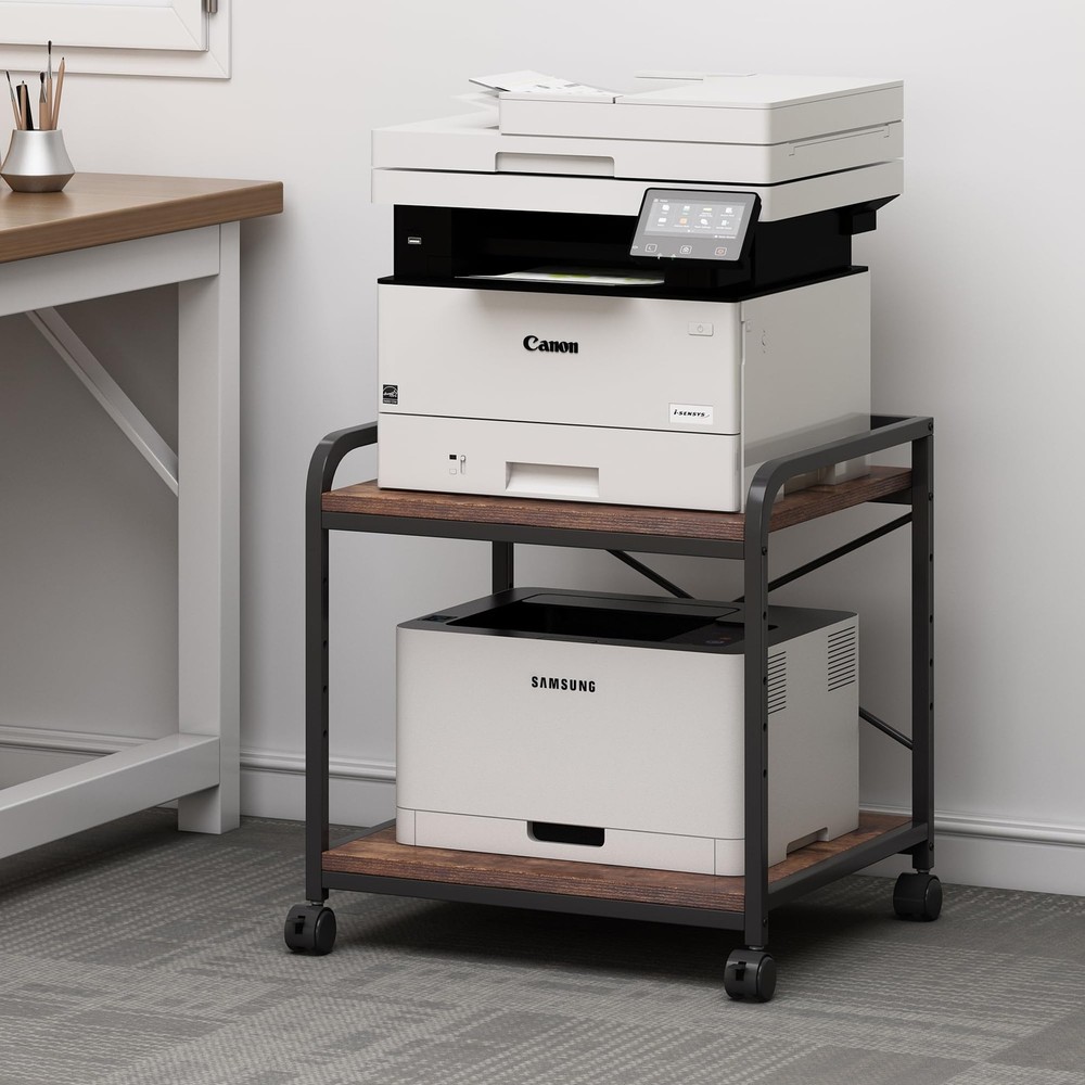 Under Desk Printer Stand, 20 Inches Deep Large Printer Table with Height Adju...