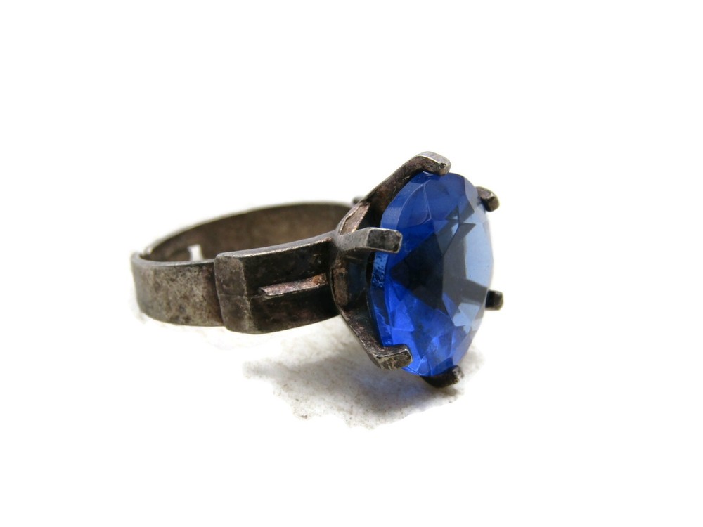 Vintage Blue Stone Inlay Adjustable Ring Silver Tone