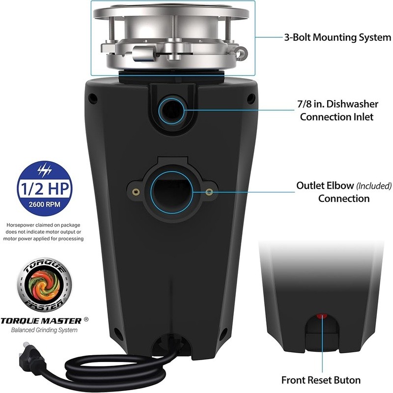 1/2HP Continuous Feed Garbage Disposal 2600RPM Quiet Operation 3-Bolt Mount New