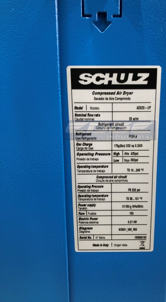 SCHULZ 20 CFM REFRIGERATED COMPRESSED AIR COMPRESSOR DRYER 115V, COMPLETE KIT