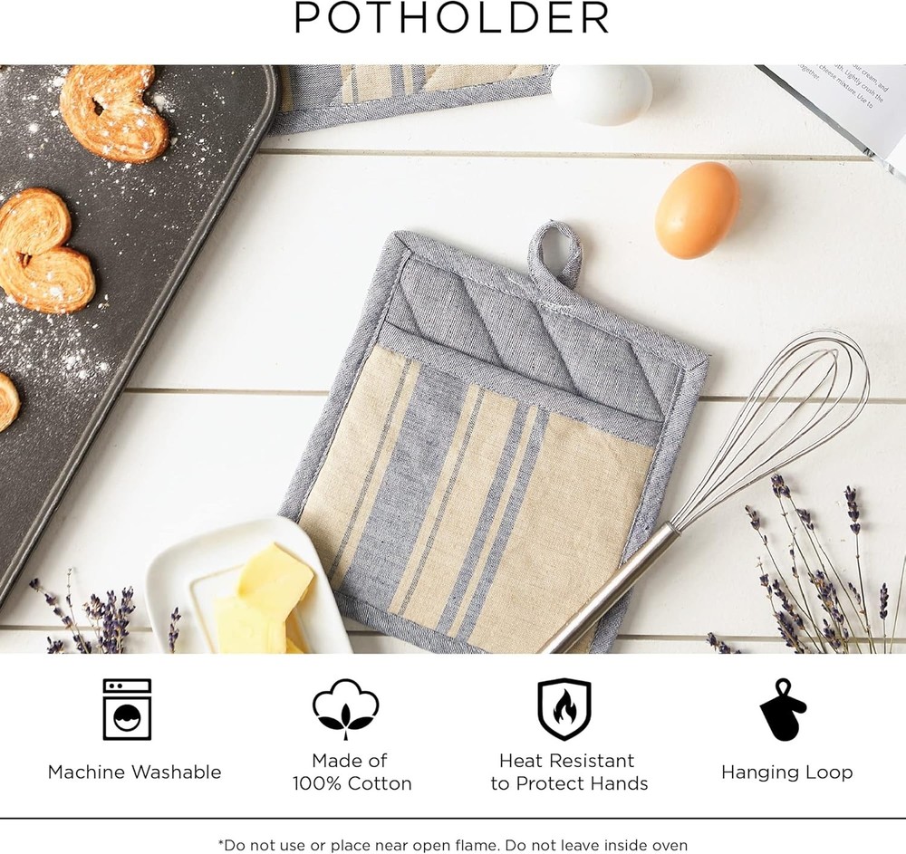 DII 100% Cotton Solid Chambray Kitchen Set, Potholders, Gray