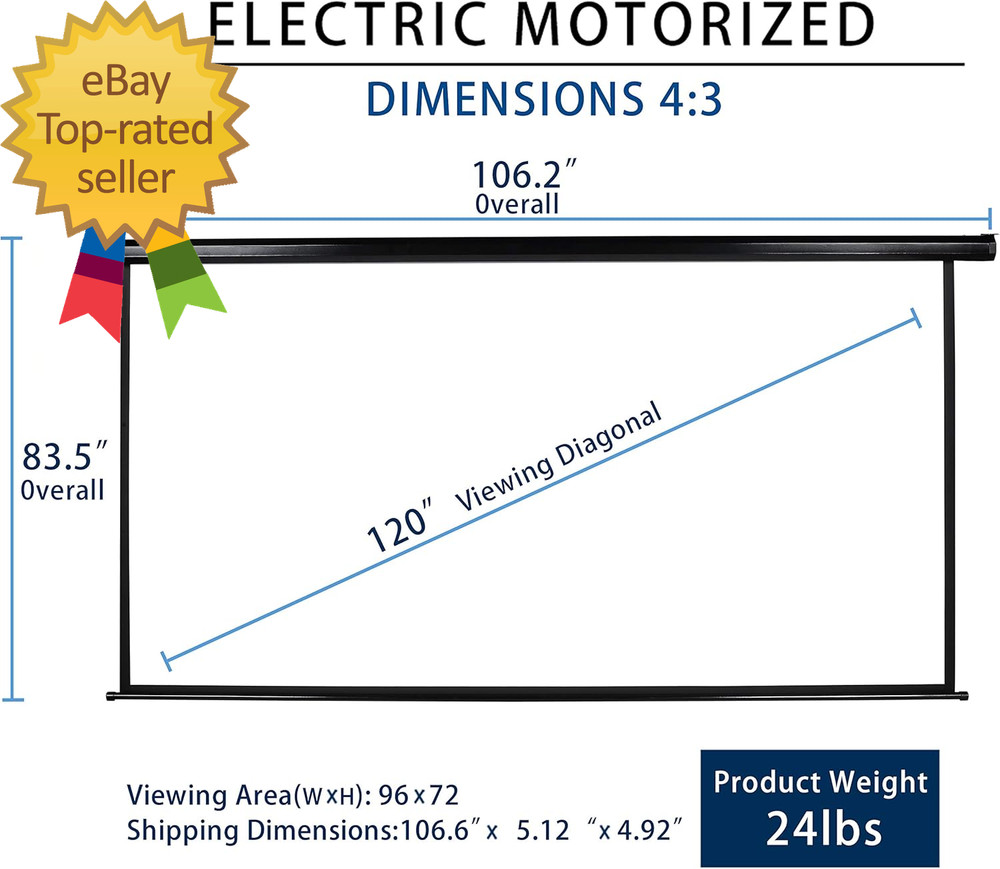 120" Motorized Projector Screen Electric Diagonal Automatic Projection 4:3 HD Mo