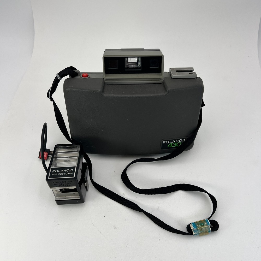 Vintage Polaroid 430 Automatic Land Camera with Strap & 490 Focus Flash Untested
