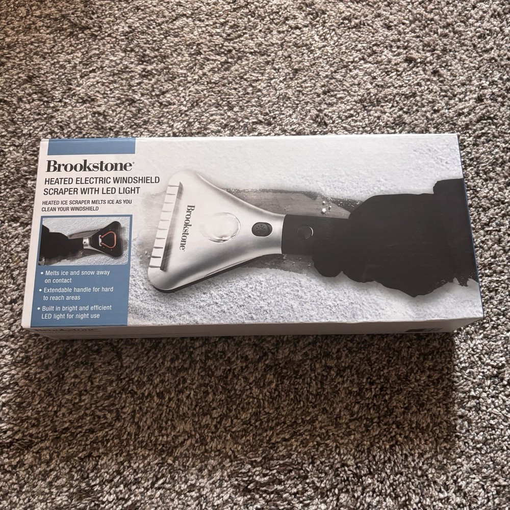 Brookstone Heated Electric Windshield Scraper With LED Light Melts Ice NIB