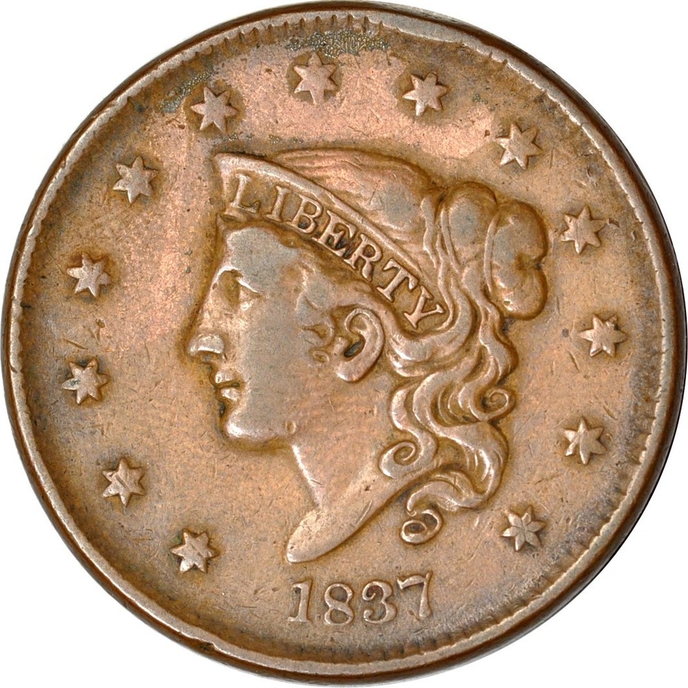 1837 1C Plain Cords Medium Letters Coronet Head Large Cent Fine K19298