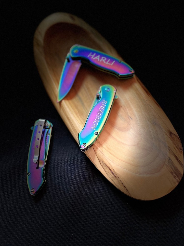 Personalized Rainbow Titanium Chrome Folding Pocket Knife
