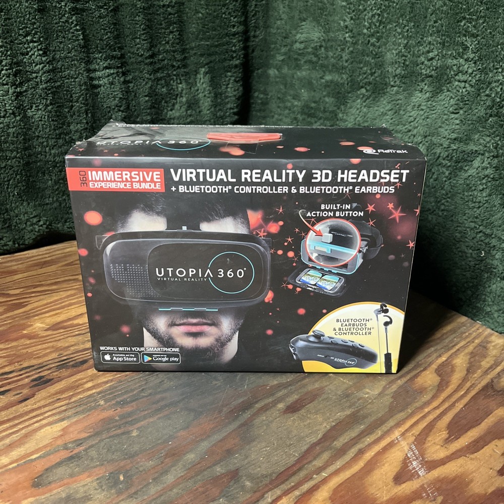 Utopia ReTrak 360 Degree 3D VR Headset Bundle Bluetooth Earbuds & Controller NIB