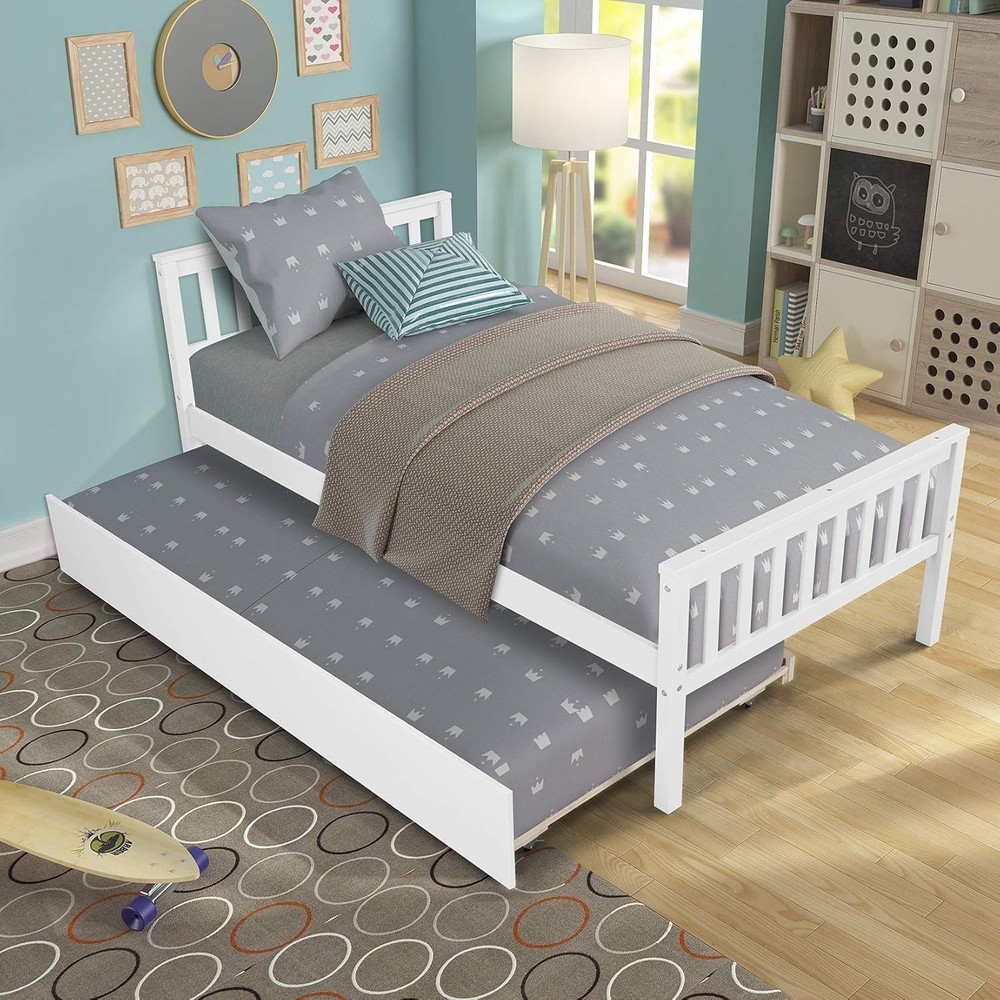 Twin Platform Bed with Trundle, Solid Wood Bed Frame with Headboard
