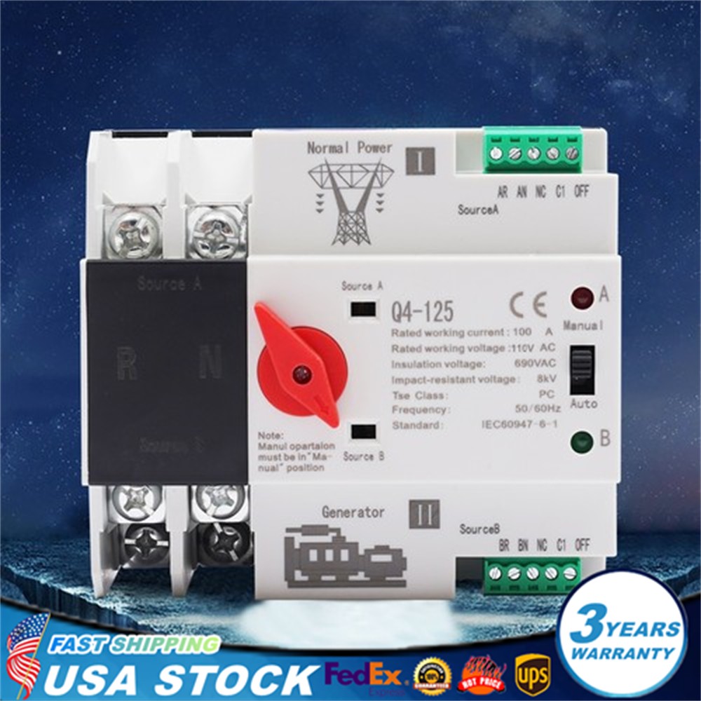 100A Automatic Transfer Switch Dual Power 2P Power Generator Changeover Switch